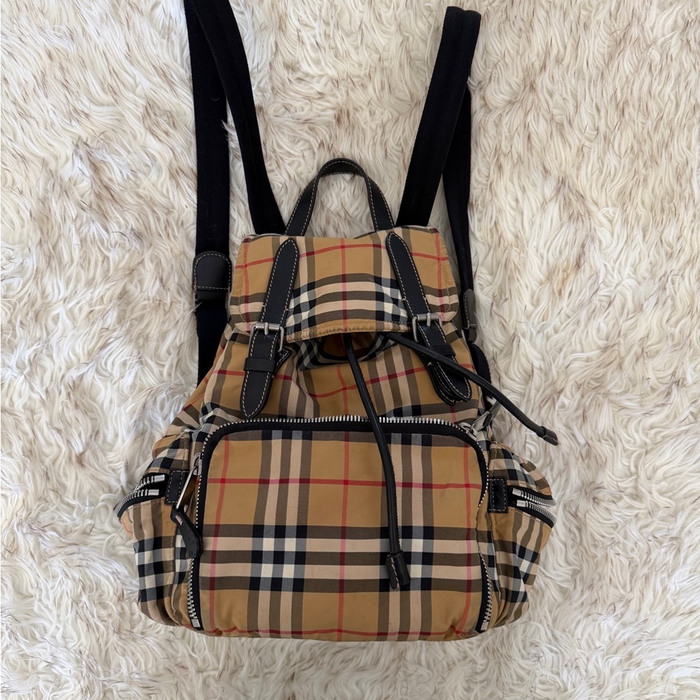 Authentic Burberry Black with Beige Nova Check Trim Leather-Accented Tote